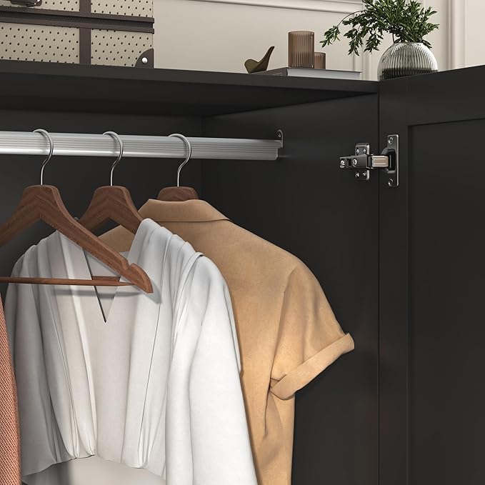 4 Doors Armoire Wooden Wardrobe Closet with 3 Drawers & 2 Mirror, 75"H Clothing Storage Cabinet with Hanging Rod,Modern Bedroom Large Freestanding Armoires with Led Lights for Bedroom, Black