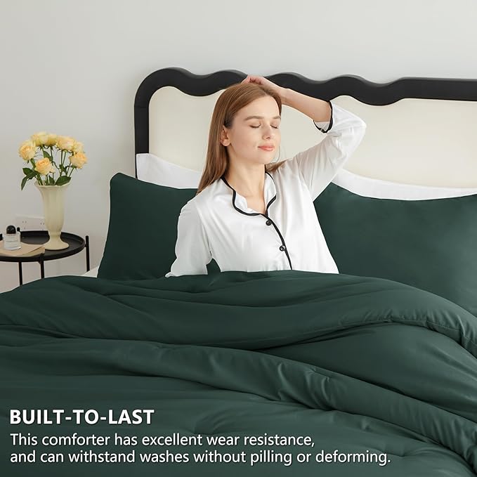 CozyLux King Size Comforter Set Forest Green, 3 Pieces Solid Comforters King Size Breathable Quilted Bedding Sets, Luxury Soft Lightweight Bed Set with Down Alternative Comforter and 2 Pillowcases