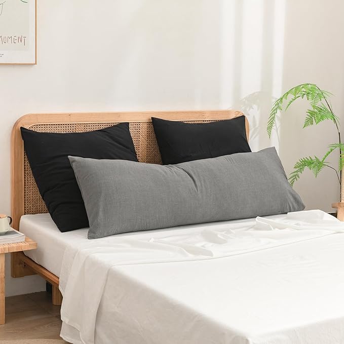 BESTOUCH 100% Washed Cotton Pillowcase for Hair and Skin Linen Feel Soft Comfortable Breathable 1 Pcs Pillow Case with Envelope Closure Solid Dark Grey Body 20x54 Inches