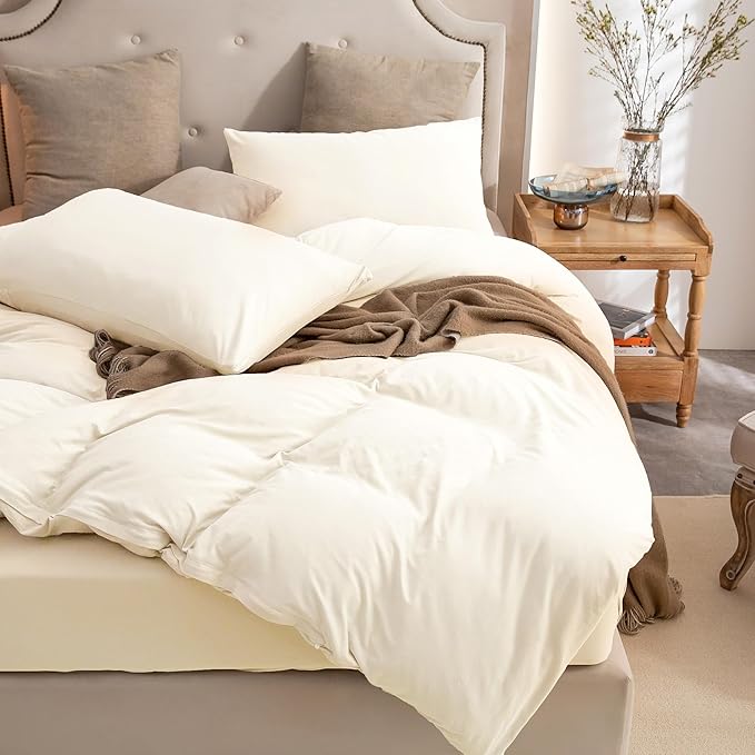 PURE ERA Jersey Knit Duvet Cover Set 100% T-Shirt Cotton Super Soft Comfy 3pc Bedding Set with Zipper Closure (Solid Creamy White, Queen)