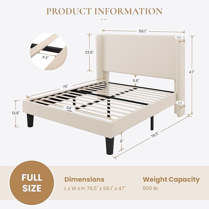 SHA CERLIN Full Size Corduroy Upholstered Platform Bed Frame with Vertical Channel Tufted Wingback Headboard, 8" Under-Bed Storage, Wooden Slats and Metal Frame Support, Easy Assembly, Cream