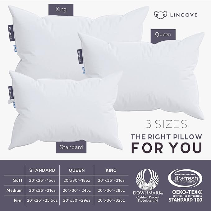 Lincove Cloud Natural Canadian Down Pillow, White Luxury Sleeping Pillow - 625 Fill Power, 500 Thread Count Cotton Shell, Made in Canada, Standard - Soft, 2 Pack