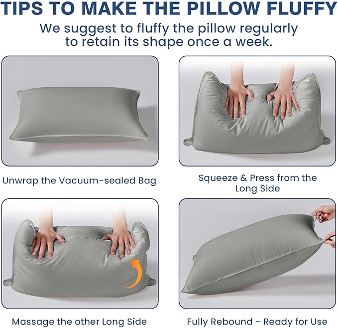 Goose Down Pillows King Size Set of 2, Hotel Quality Bed Pillow for Sleeping 2 Pack, 900 Fill Power Natural White Goose Feather Pillows with 700 TC 100% Organic Cotton Shell, 18"x36" Dark Grey