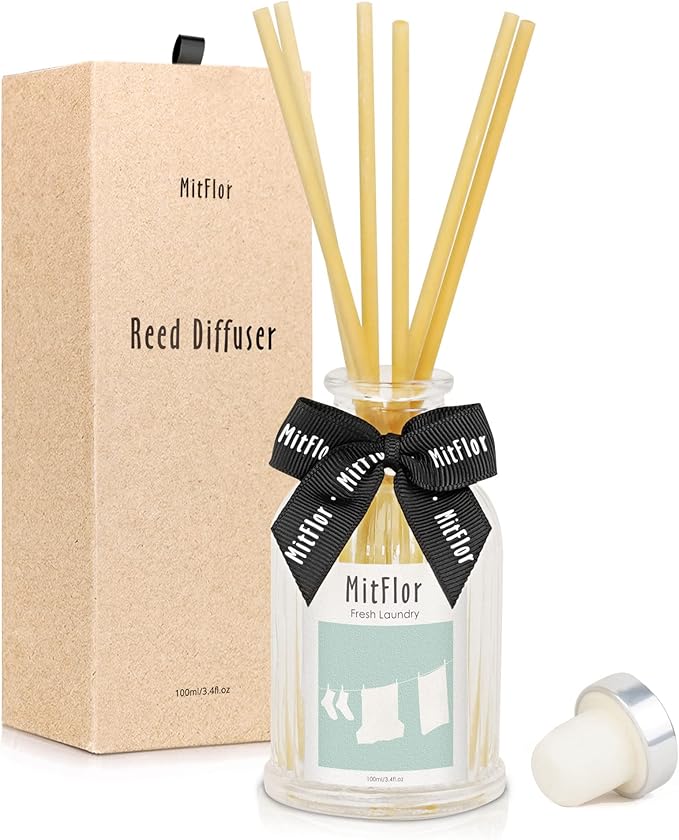 Fragrance Diffuser, MitFlor Fresh Laundry Reed Diffuser Set with Natural Rattan Sticks, Elegant Aromatic Home Décor, Refreshing Scent Diffuser for Living Room, Bedroom, Bathroom & Office, 3.4 fl oz