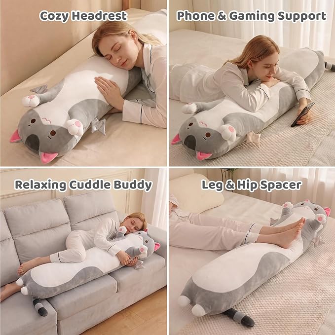 Mewaii Long Cat Plush 5 Sizes, 120% Extra Filling Giant Plushness Kids Body Pillow, Kawaii Cute Grey Cat Stuffed Animals Plushies, Big Long Body Pillow Cat Plush Gift for Girls 53”