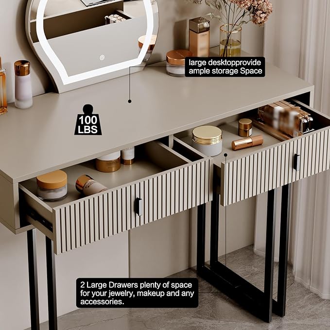 Ieejdn Morandi Gray Vanity Desk with Mirror and Lights,Small Makeup Vanity with 2 Drawers，Modern Makeup Table with Adjustable Cabinet for Bedroom,Makeup Room