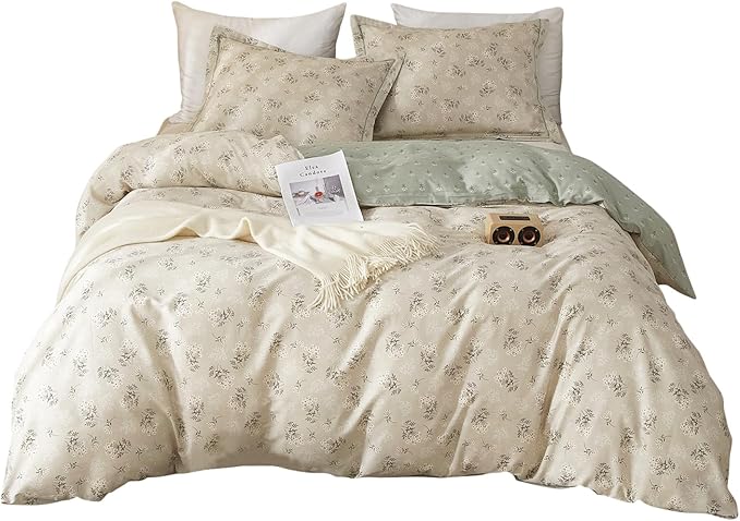 mixinni Duvet Cover Set Floral Queen Size 100% Cotton Bedding Flower Green Leaves on Beige Comforter Cover Set (1 Duvet Cover+ 2 Pillowcases) for Her and Him-Easy Care, Soft and Durable Queen Size