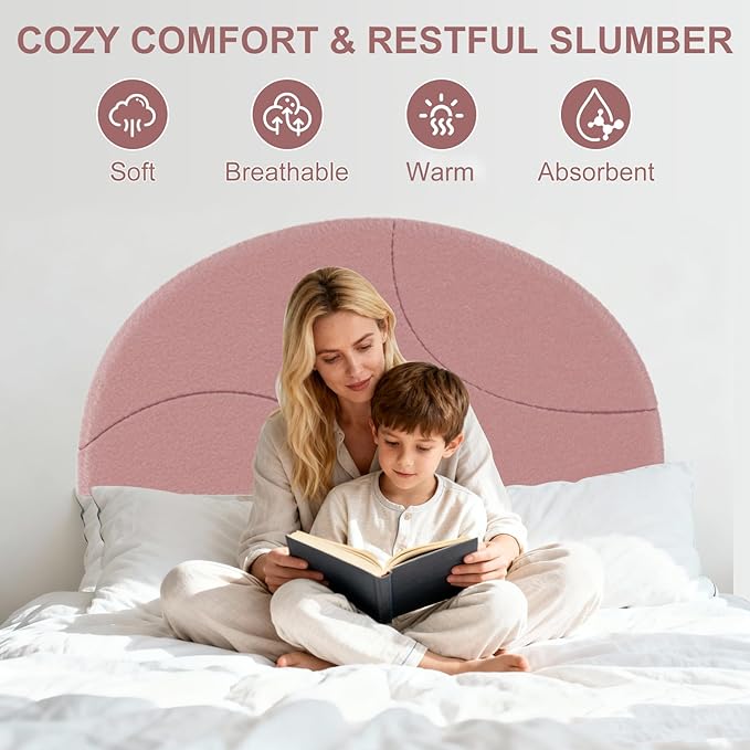 Garvee Twin Bed Frame with Round Boucle Headboard, Upholstered Arch-Shaped Design in Soft Pink, Modern Bed with Wooden Slats, No Box Spring Required and Easy Assembly
