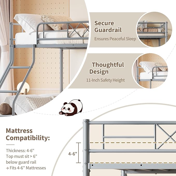 Garvee Twin Over Full Metal Bunk Bed, Heavy Duty & Sturdy Construction for Quiet Use, Includes Ladder & Guardrails, No Box Spring, Space Saver, Gray