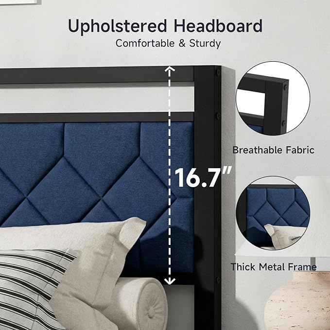 Z-hom Easy Assembly Upholstered Platform Bed Frame with Soft Padded Headboard, Modern Linen Fabric Mattress Foundation, No Box Spring Needed, Noise-Free & Sturdy Metal Support, Queen Size (Blue)