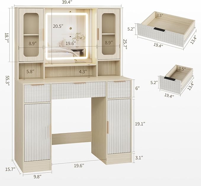 Garvee Vanity Desk with Mirror and Light, Modern Makeup Dressing Table with Adjustable 3 Colors Light, Vanities for Bedroom with 2 Glass Cabinet, 2 Large Cabinet, 3 Drawers & Storage Shelves, Natural