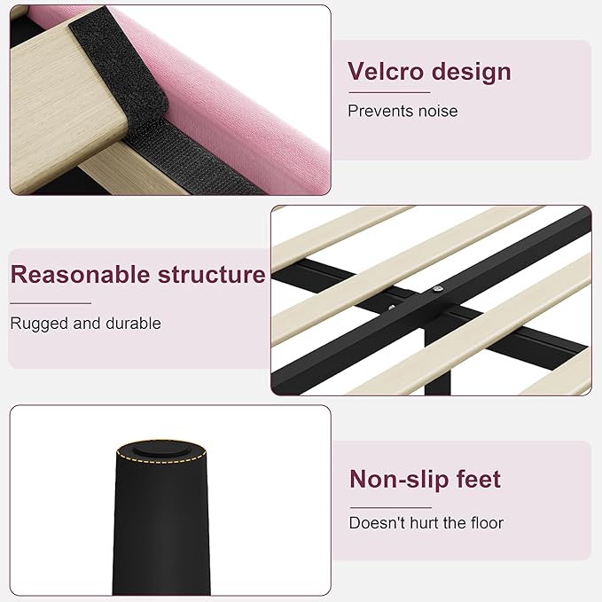 Full Size Bed Frame with Headboard, Velvet Upholstered Platform Bed Frame, Sturdy Slatted Support for Springless Mattresses, Silent Operation, Easy to Assemble, Pink