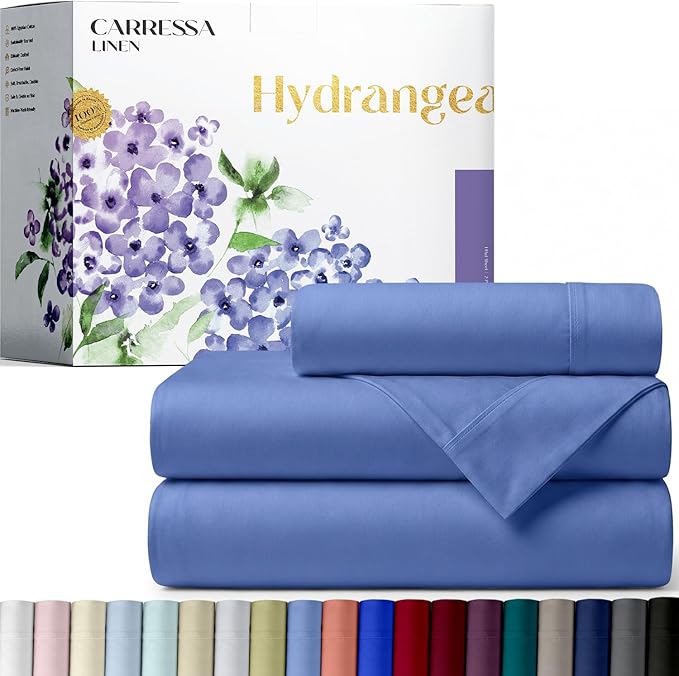 Carressa Linen 100% Egyptian Cotton Twin Sheets Set - 600 Series Hydrangeas Collection Egyptian Cotton Luxury Twin Sheets (3 PC, Deep Blue), 16" Deep Pocket, Soft, Cooling, Sateen Weave Bedding