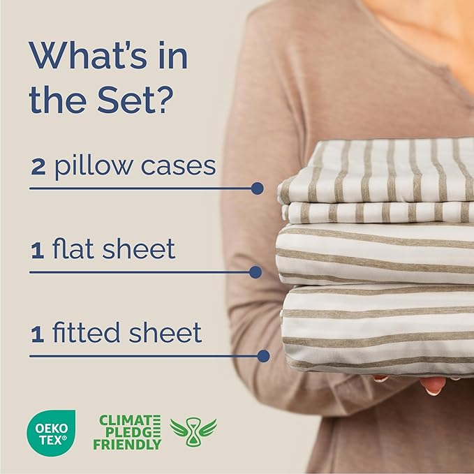 Cal King Size 4 Piece Sheet Set - Comfy Breathable & Cooling Sheets - Hotel Luxury Bed Sheets for Women & Men - Deep Pockets, Easy-Fit, Soft & Wrinkle Free Sheets - Beige Stripes Oeko-Tex Bed Sheets