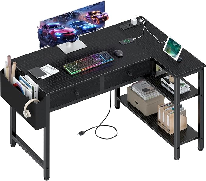 DLisiting Black Corner Desk for Small Space with Drawers, Reversible Gaming L Shaped Computer Desk with Storage Shelves for Boys, Corner Work Study PC Desks for Bedroom
