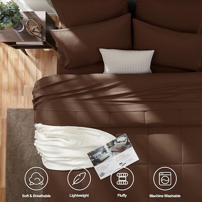CozyLux Twin XL Comforter Set Brown, 5 Pieces Twin Extra Long Bed in a Bag for College Dorm, All Season Bedding Set with Stitch Quilted Comforter, Flat Sheet, Fitted Sheet, Pillowcases