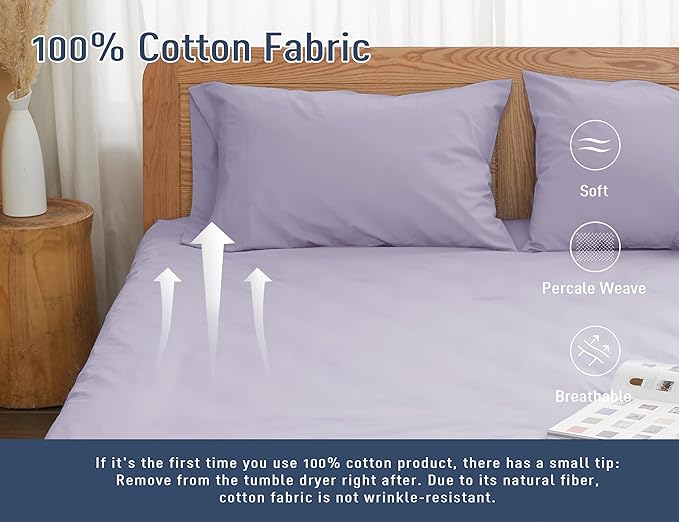 Pillow Cases, Standard Queen Size Cotton Percale Weave Pillowcases, Pre-Shrunk Breathable and Hypoallergenic Pillowcases, Set of 2 (2 Piece Standard/Queen 20 Inch x 30 Inch, Light Purple)