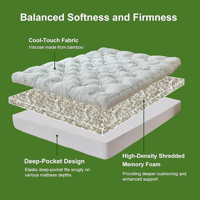 Whatsbedding Memory Foam Mattress Topper Queen Size, 5 Inches Memory Foam Topper with Cooling Viscose Made from Bamboo Cover, Deep Pocket