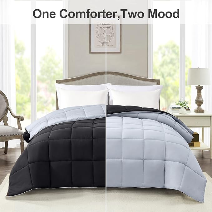 Homelike Moment Twin Comforter Duvet Insert - Black Down Alternative Bed Comforter Twin Size, Lightweight Bedding Comforters Quilted Soft All Season Reversible Black/Light Grey