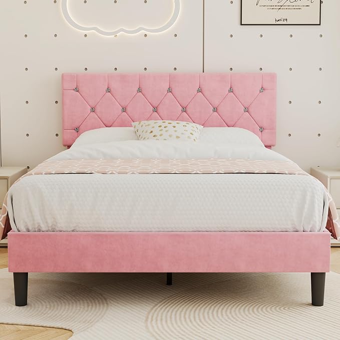 VECELO Queen Size Bed Frame with Diamond Tufted Headboard, Upholstered Platform Bedframe with Wood Slat Support, No Box Spring Needed, Mauve Pink