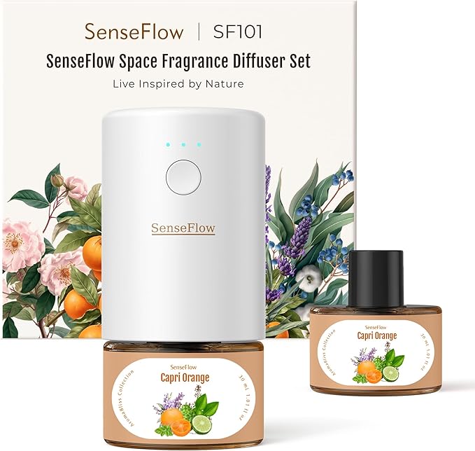 Essential Oil Diffuser for Home, Waterless Aromatherapy Diffuser SF101, Plug in Room Scent with 120-Day Natural Aroma, Covers 1000 Sq Ft – Free 30ml Capri Orange