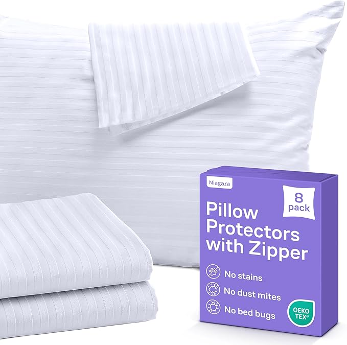 Set of 8 Pillow Protectors with Zipper King Size - 100% Resistant to Stains, Dust & Dirt - Washable Covers for Increased Pillow Lifespan