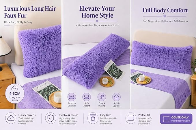 Reafort Luxury Faux Fur Body Pillow Cover 21" x 54", Long Hair PV Plush Body Pillow Case with Hidden Zipper Closure, Ultra Soft Fluffy Decorative Long Pillow Cover (Lilac, Body)