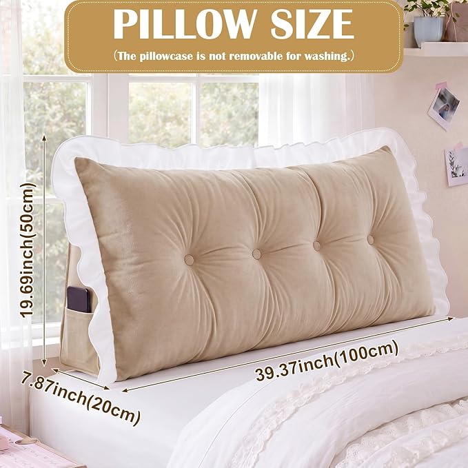 Leinuosen 39 in Ruffle Wedge Headboard Pillow for Dorm Twin XL College Bed Reading Bolster Dorm Velvet Triangular Bed Backrest Wedge Pillow Cushion for College Reading Support(Warm White)