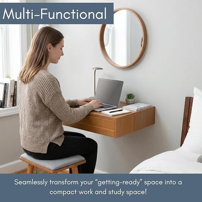 Sleekform Small Vanity Desk Dressing Table with Mirror & Chair - 18x20 Floating Vanity Makeup Table for Small Spaces, Wall Mounted Compact Make Up Tables with Flip Up Top, Nightstand Bedroom Vanities