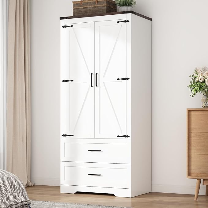 Hlivelood 2 Doors Wardrobe Armoire Closet with Doors and Drawers, Farmhouse Wooden Armoire Storage Cabinet with Shelves & Hanging Rod for Bedroom, White