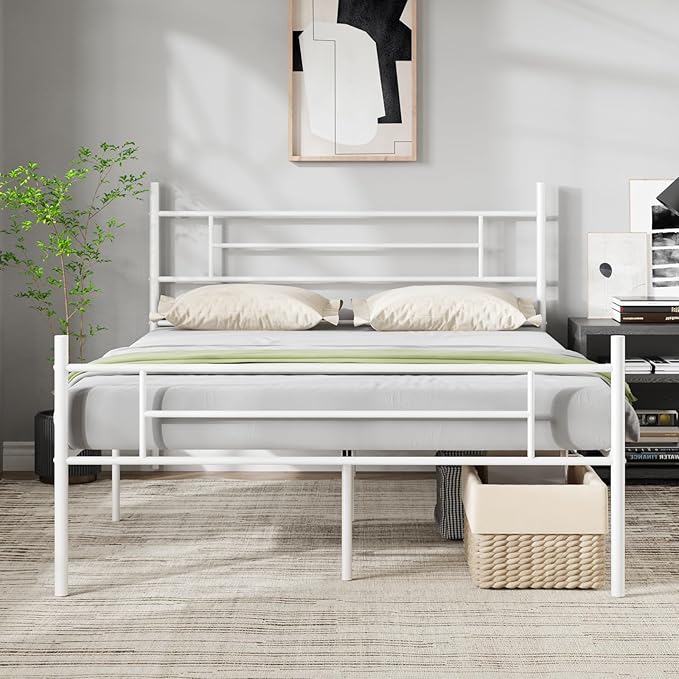 Novilla Metal Queen Bed Frame with Headboard and Footboard, 14 Inch Platform Bed Frame with Storage No Box Spring Needed, Strong Metal Slats Support, White