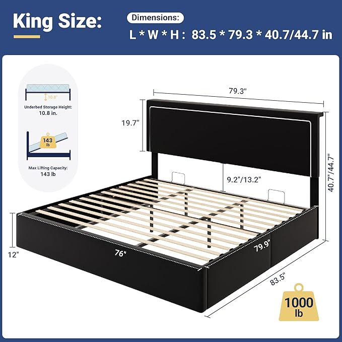 Allewie King Size Lift Up Storage Bed Frame with Charging Station & LED Lights, Adjustable Velvet Upholstered Storage Headboard, Type-C & USB Ports, Hydraulic Support, No Box Spring Needed, Black
