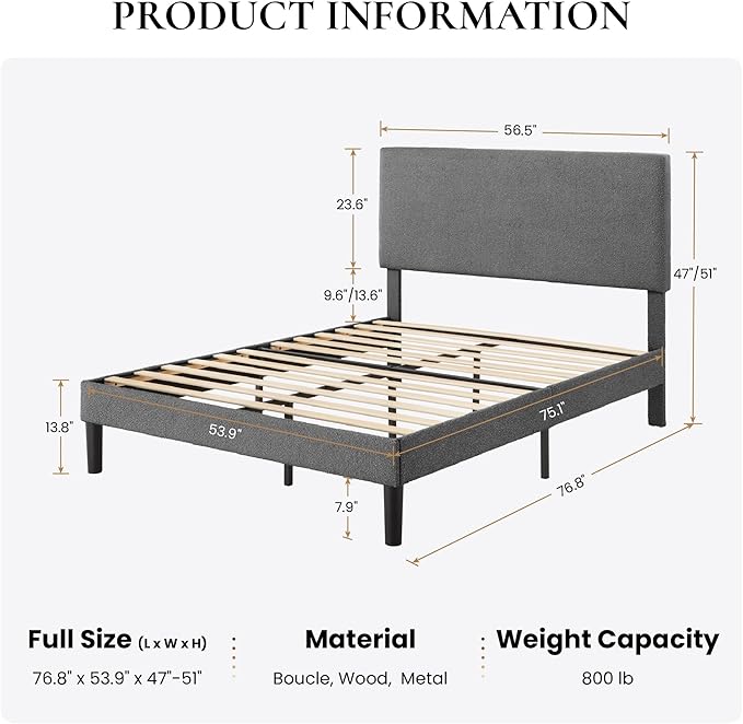 SHA CERLIN Full Size Platform Bed Frame with Adjustable Headboard and Wooden Slats Support, Boucle Upholstered Mattress Foundation, No Box Spring Needed, Easy Assembly, Dark Grey