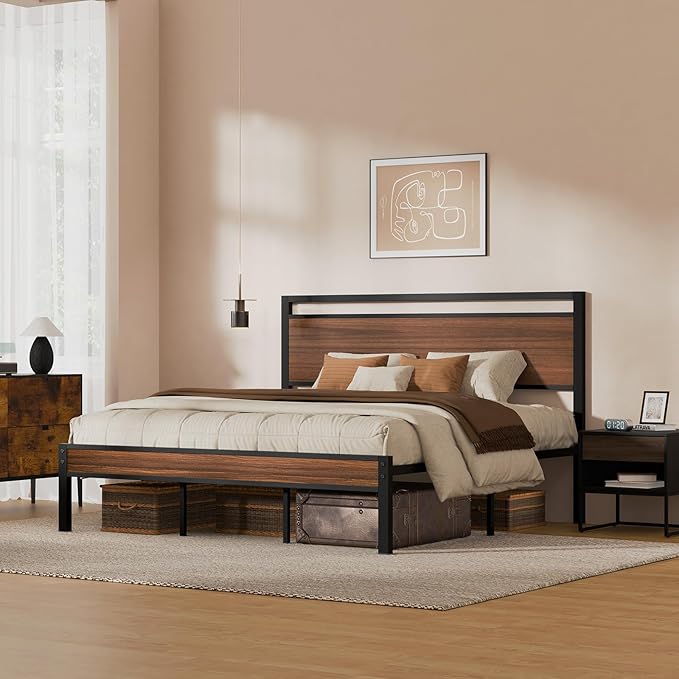 Z-hom King Metal Bed Frame with Wooden Headboard and Footboard, Heavy Duty Platform Frame with Metal Slats, No Box Spring Needed, Quiet and Non-Slip Design, Space Saving Bed Frame for Bedroom,Walnut