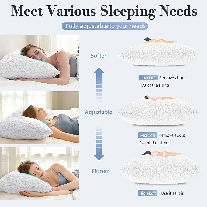 Yettbea Adjustable Shredded Memory Foam Pillows Standard Size Set of 2, Luxury Bamboo Cooling Pillow w/Washable Zippered Cover, Soft or Firm Support Bed Pillow for Side, Back, Stomach Sleeper