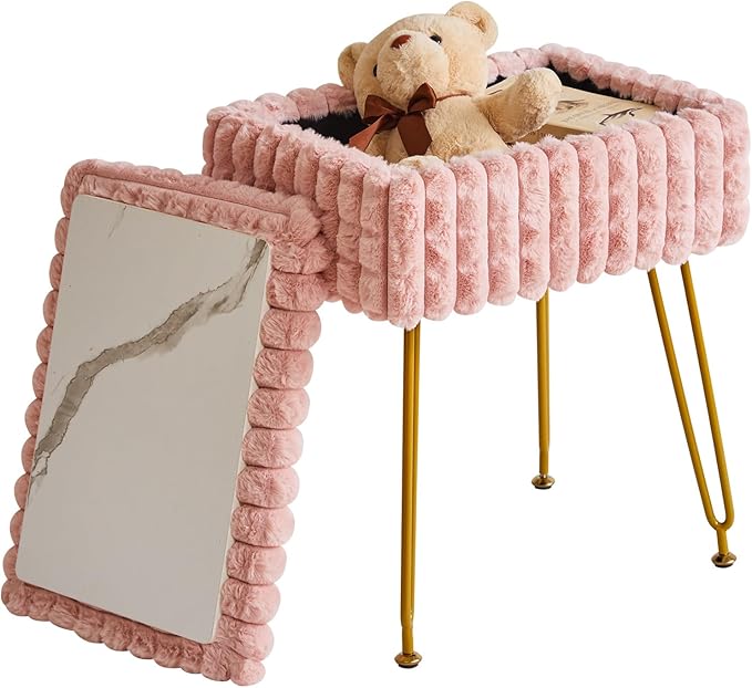 IBUYKE Rectangle Vanity Chair with Storage Space, Footrest Footstool Ottoman, Vanity Stool, Dressing Table Chair, with Anti-Slip Feet, for Makeup Room, Bedroom, Square Grid Pattern, Pink WBD004P