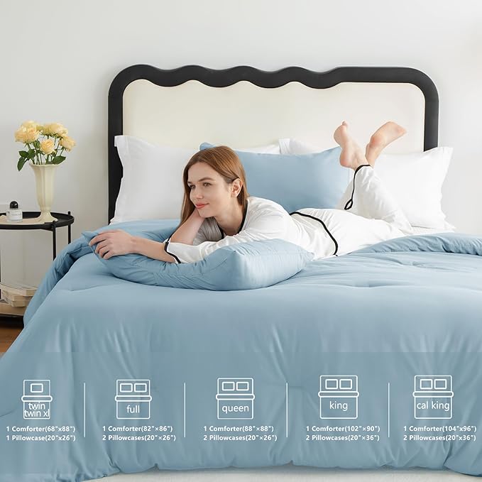 CozyLux King Size Comforter Set Light Blue, 3 Pieces Solid Comforters King Size Breathable Quilted Bedding Sets, Luxury Soft Lightweight Bed Set with Down Alternative Comforter and 2 Pillowcases