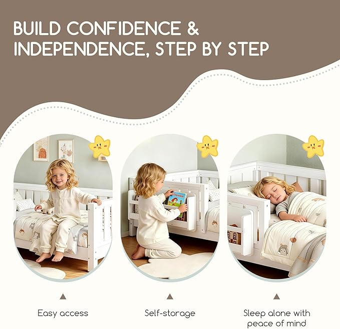 Bellemave Queen Floor Bed Frame with Fence & Bookshelf, Solid Pinewood Montessori Floor Bed Frame Queen with Slats Load 550LBS, Low Floor Bed for Kids, Bedroom, Nursery, Easy Assembly, White