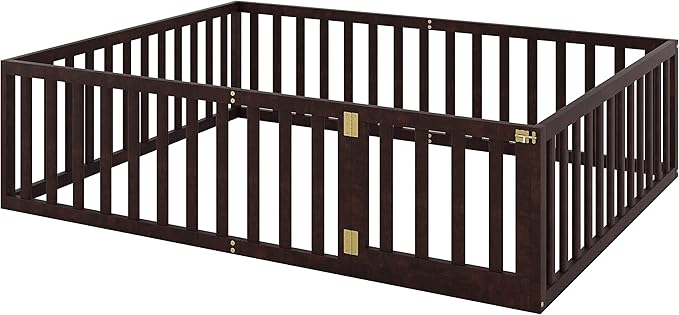 Bellemave Queen Size Montessori Floor Bed with 21.7" High Rails, Pine,Plywood Floor Bed with Small Door, Walnut