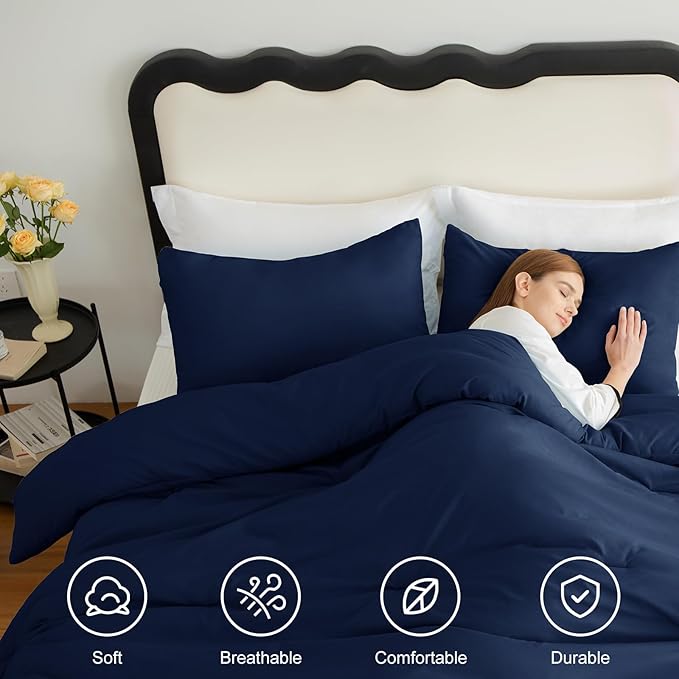 CozyLux Super King Plus Comforter Set Navy Blue, 3 Pieces 128x120 Solid Breathable Quilted Bedding Sets All Season, Luxury Lightweight Soft Bed Set with Down Alternative Comforter and 2 Pillowcases