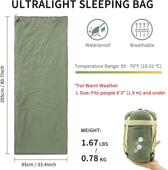 NewDoar Ultralight Backpacking Sleeping Bag - 50-70°F, 1.5lbs, Waterproof & Machine Washable, 2-Way Zipper for Teens,Couples,Women,Men Compact for Hiking/Camping (M/L Sizes)