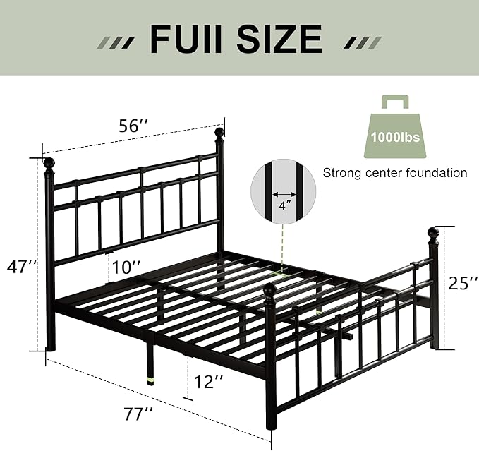 Feonase Full Size Metal Platform Bed Frame with Victorian Classic Iron-Art Headboard & Footboard, Heavy Duty Slats, 12" Under Bed Storage, No Box Spring Needed, Easy Assembly, Noise-Free, Black