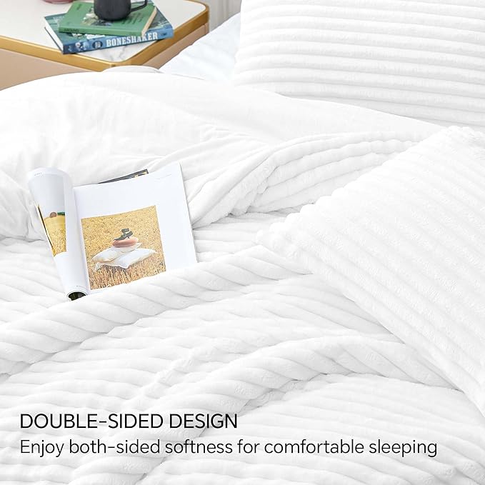 BEDELITE Fleece Oversized Queen Comforter Set -Super Soft & Warm Fluffy Bright White Bedding, Luxury Fuzzy Heavy Bed Set for Winter with 2 Pillow Cases