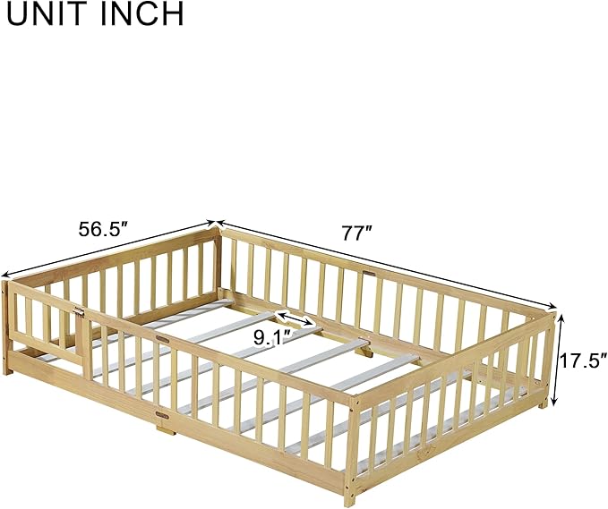 Bellemave Full Size Floor Bed with Slats and Safety Guardrail, Full Size Montessori Floor Bed with Fence and Door, Easy Assemble Montessori Beds for Kids, Girls, Boys, Natural