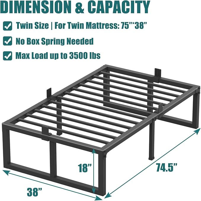Yitong Angel Twin Bed Frame, 18 Inch High 3500 lbs Heavy Duty Metal Platform, Mattress Foundation with Steel Slat Support/No Box Spring Needed/Noise Free/Non-Slip/Easy Assembly