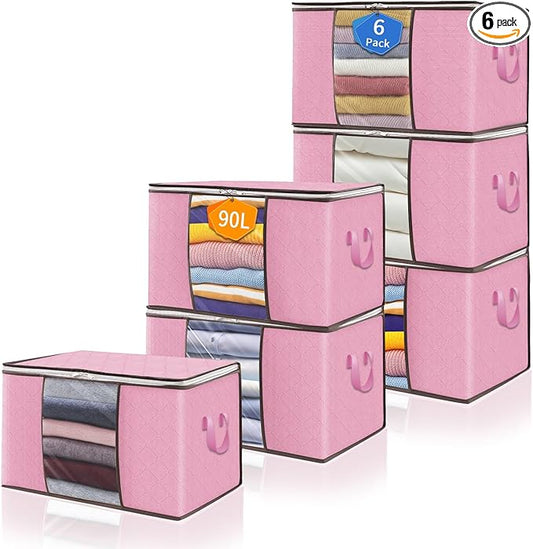 90L Clothes Blanket Storage Bags, 6 Pack Under Bed Storage Bins with Lids, Foldable Closet Organizer with Reinforced Handles for Clothing, Blanket, Comforters, Bed Sheets, Pillows and Toys, Pink