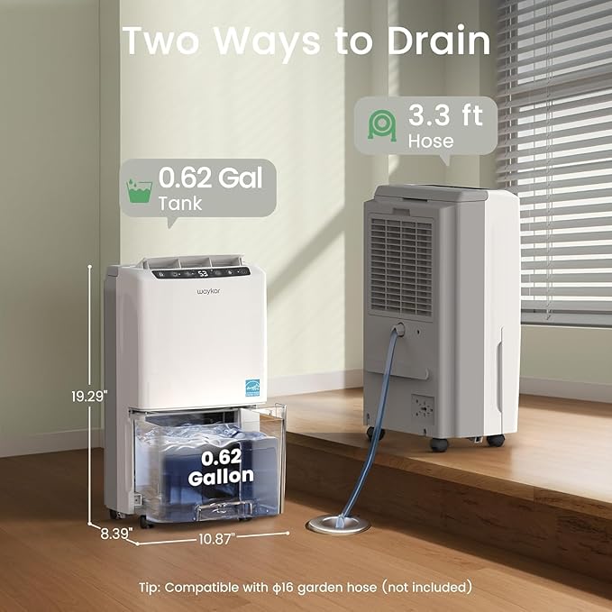 Waykar 2,000 Sq. Ft. 34 Pints 2025 Most Efficient Energy Star Dehumidifier for Basement & Home with Auto or Manual Drainage, Ultra Quiet 33dB, 0.62-Gallon Water Tank