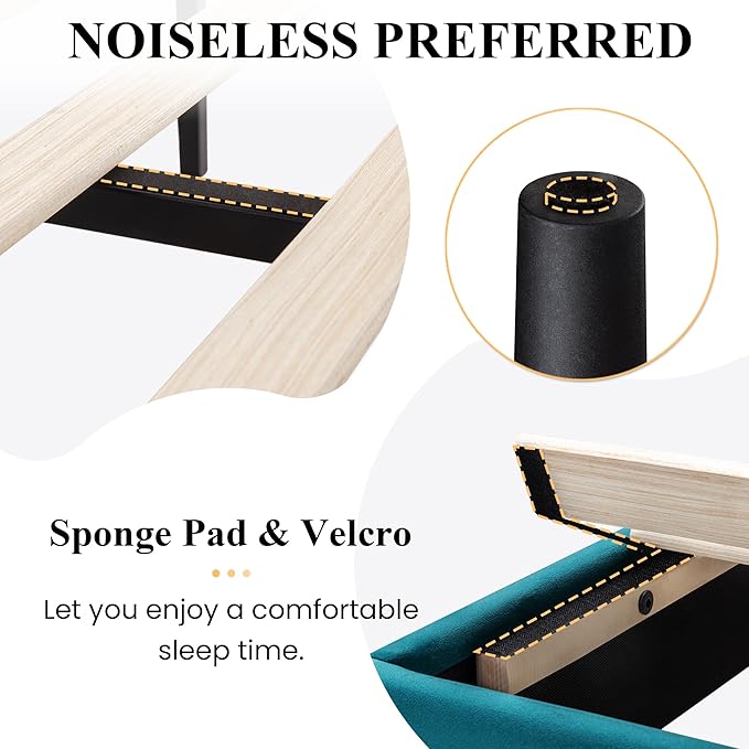 SHA CERLIN Queen Upholstered Platform Bed Frame with Vertical Channel Tufted Velvet Fabric Adjustable Headboard, Wooden Slats Support, Mattress Foundation, Box Spring Optional, Teal