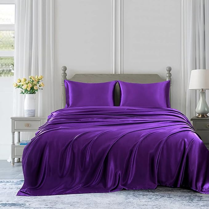 Homiest 3pcs Satin Sheets Set Luxury Silky Satin Bedding Set with Deep Pocket, 1 Fitted Sheet + 1 Flat Sheet + 1 Pillowcase (Twin Size, Purple)