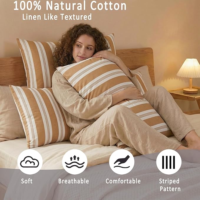 Merryword Khaki Striped Pillowcases, 100% Cotton Pillow Cases, Queen Size Pillowcases, Luxury Linen Like Pillowcase, Soft Breathable Stripe Pillow Covers, Set of 2